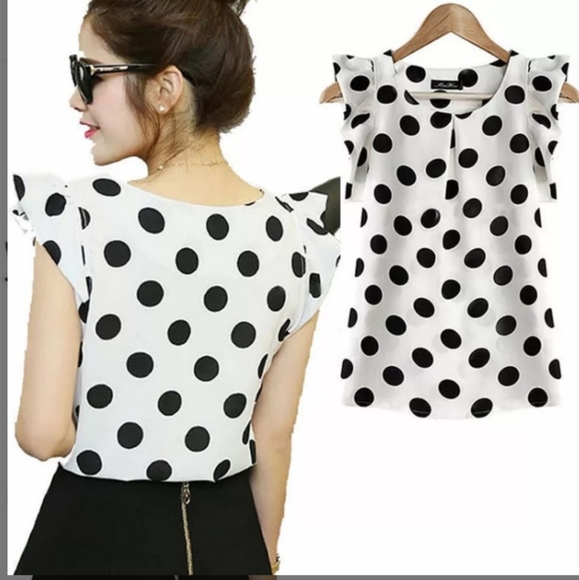 White Chiffon Polka Dot Flutter Sleeve Top S-XXL - Picture 3 of 4